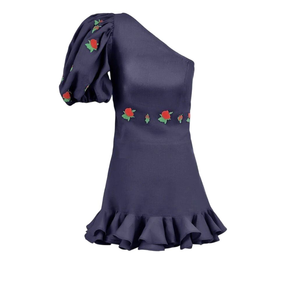 Fanm Mon $250 Flame Mini Linen One Sleeve Ruffle Hem Floral Embroidery Dress XL